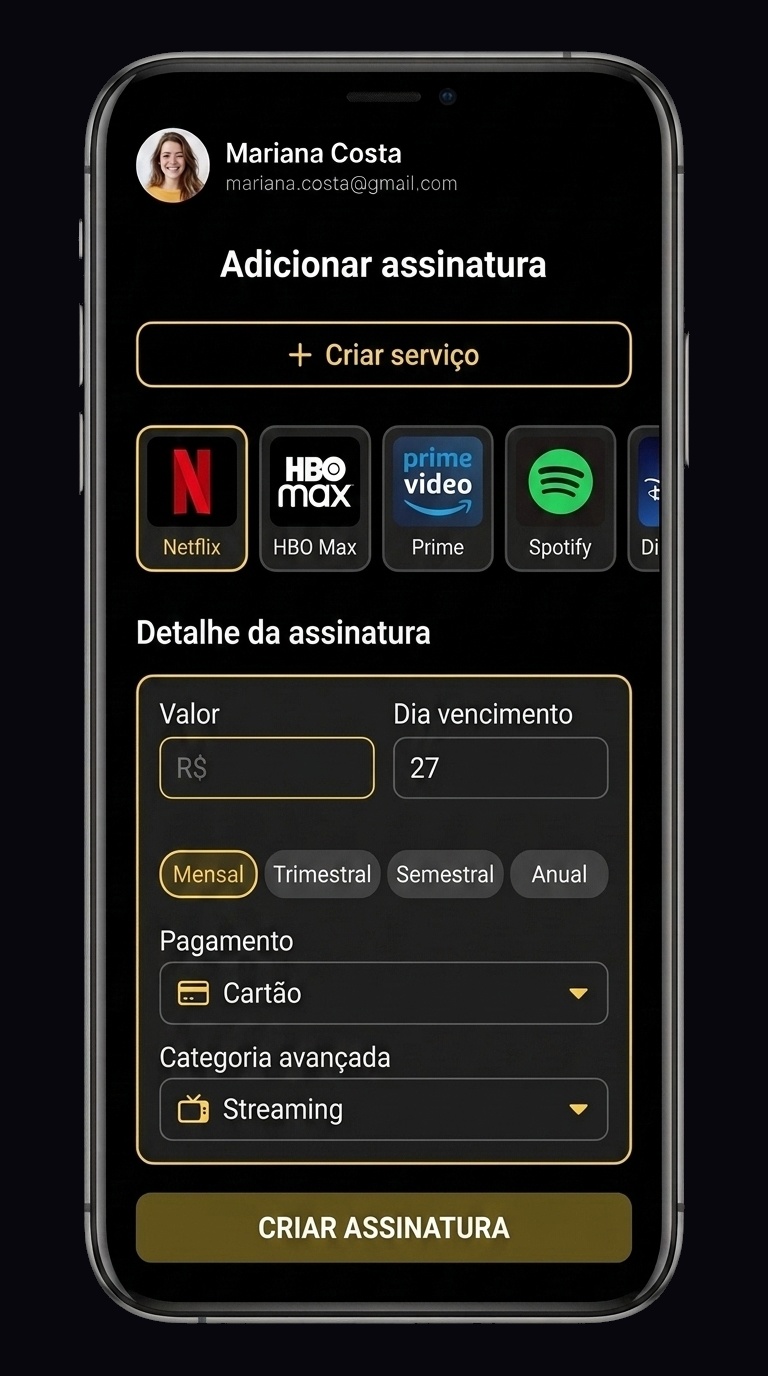 Tela de adicionar assinatura no Zyello