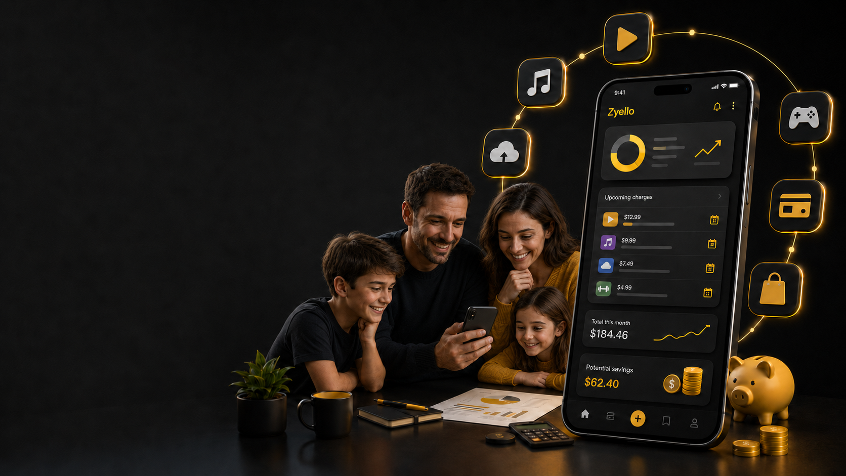 Família organizando finanças no Zyello