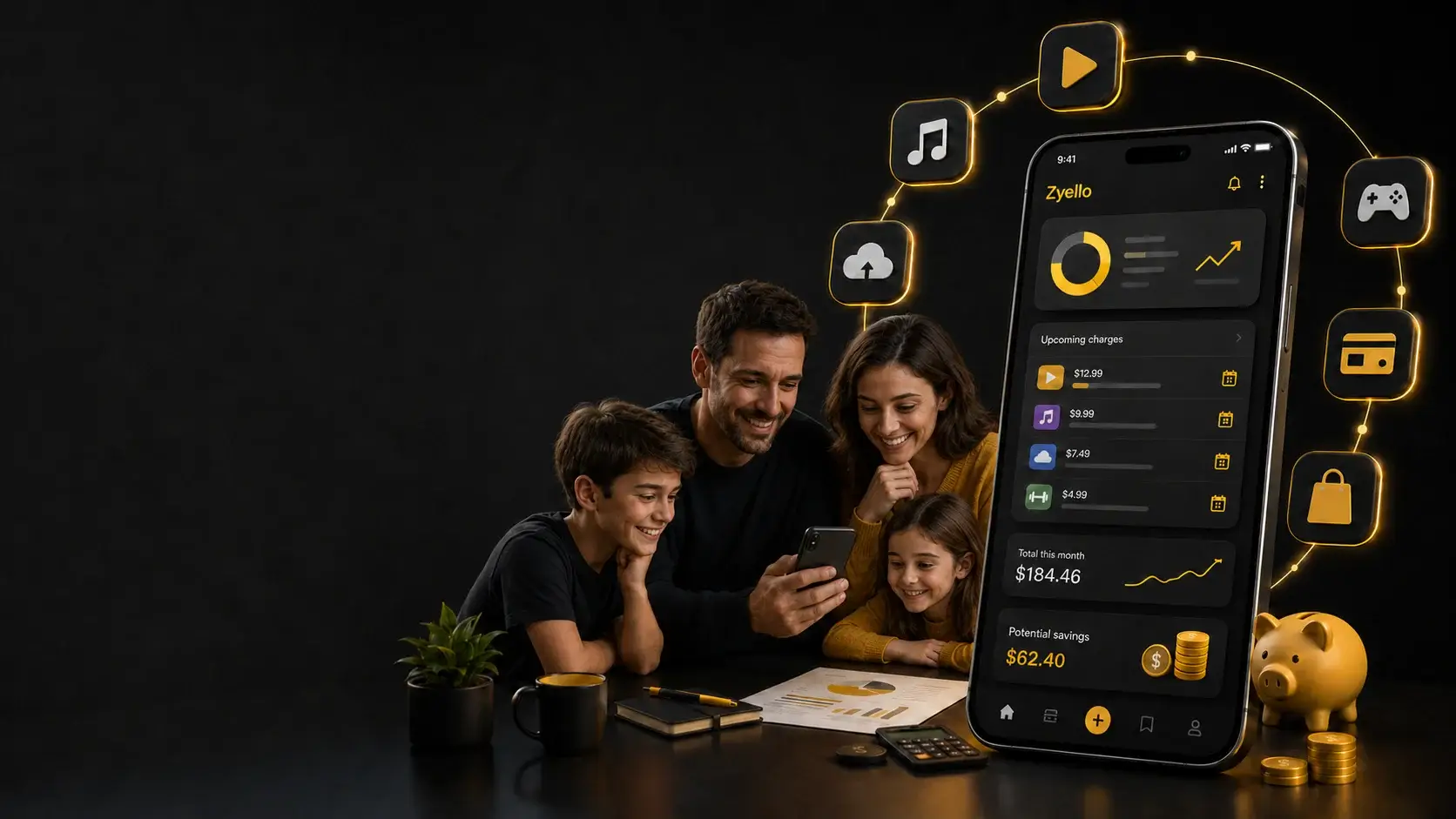Família organizando finanças no Zyello